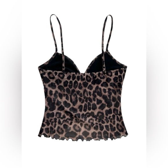 Women Leopard Print Mesh Camisole Top With Asymmetrical Ruffle Hem - Picture 2 of 2